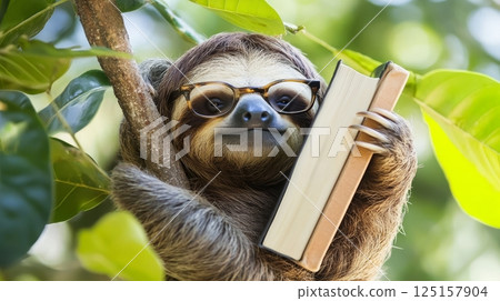 Adorable sloth in glasses holding a book among lush green leaves. 125157904