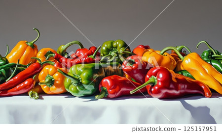 Vibrant array of colorful bell peppers and chili peppers on a white table. 125157951