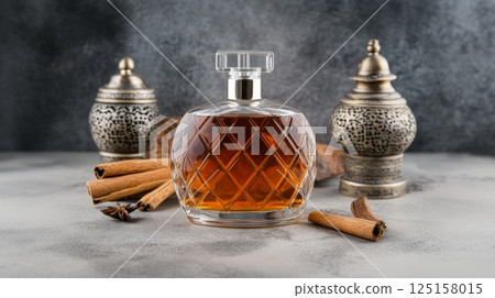 Elegant perfume bottle with spices and ornate background. 125158015