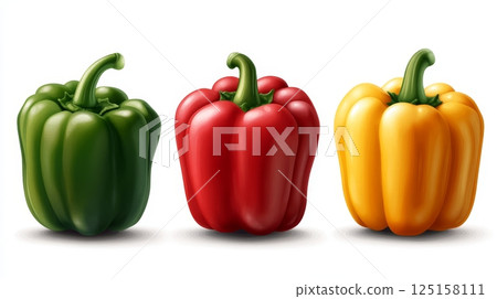 Vibrant trio of green, red, and yellow bell peppers against white background. 125158111