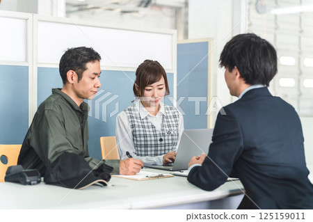 Male and female businessmen having a meeting, a conference, a meeting 125159011