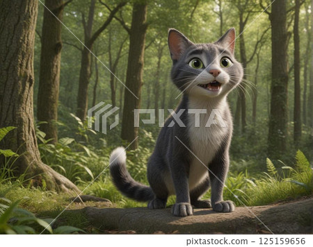 A black and white cat meowing in a lush forest in France 1 125159656