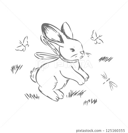 Hand drawn sketch of a cute bunny with a scarf, surrounded by butterflies and grass vintage style animal illustration for childrens design and decor Hand drawn sketch of a cute bunny with a scarf, surrounded by butterflies and grass vintage style animal illustration for childrens design and decor 125160355