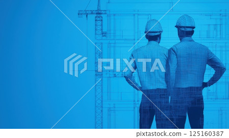 Engineering silhouette of industrial cranes concept. Abstract Silhouette of Engineering Figures and Crane on Blueprint Background 125160387