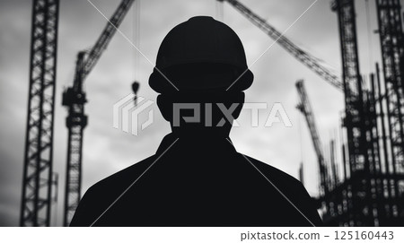 Engineering silhouette of industrial cranes concept. Silhouette of an Engineer on a High Rise Building Skyline 125160443