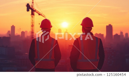 Engineering silhouette of industrial cranes concept. Silhouetted Construction Cranes and Workers at the Edge of a Vibrant Cityscape Sunset Engineering silhouette of industrial cranes concept. Silhouetted Construction Cranes and Workers at the Edge of a Vibrant Cityscape Sunset 125160454