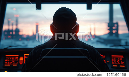 Engineering silhouette of industrial cranes concept. Silhouetted Crane Operator Overlooking Urban Skyline at Sunset 125160466