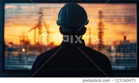 Engineering silhouette of industrial cranes concept. Silhouetted Engineer Observing Holographic Display of Futuristic Cityscape at Sunset 125160475