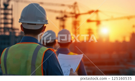 Engineering silhouette of industrial cranes concept. Silhouetted Engineers Reviewing Construction Plans at Sunset 125160535