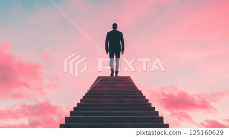 Growth Mindset concept. Silhouetted Figure Ascending an Invisible Staircase Against a Dramatic Sky 125160629