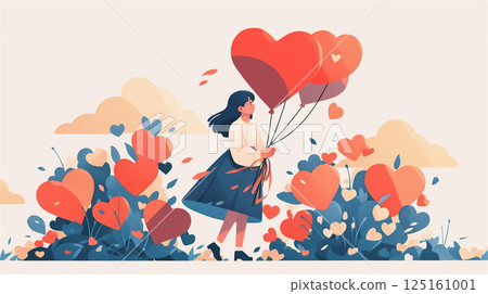 母親節插圖:一個女孩和一隻心形氣球在風中飛舞 母親節插圖:一個女孩和一隻心形氣球在風中飛舞 125161001