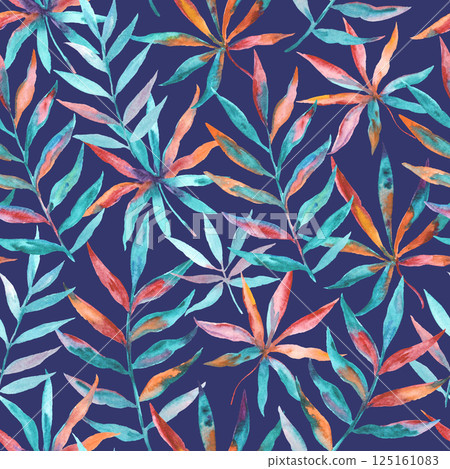 Watercolor colorful tropical pattern with exotic abstract leaves. Artistic seamless print. Watercolor colorful tropical pattern with exotic abstract leaves. Artistic seamless print. 125161083