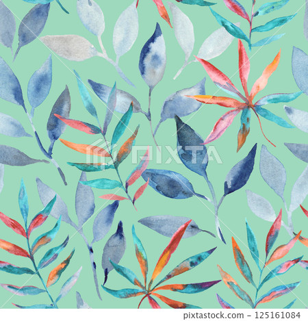 Watercolor colorful tropical pattern with exotic abstract leaves. Artistic seamless print. Watercolor colorful tropical pattern with exotic abstract leaves. Artistic seamless print. 125161084