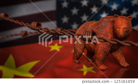 The Bear on China and America flag Background 3d Rendering. 125161859