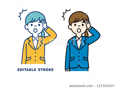 向量圖：一位年輕女職員張著嘴，茫然無措_線條可編輯 125162035