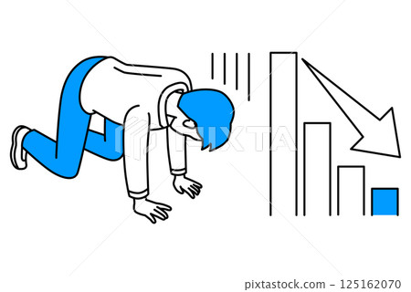 一位隨興的男士跪在地上，心情沮喪，面前是一張下跌的圖表 125162070