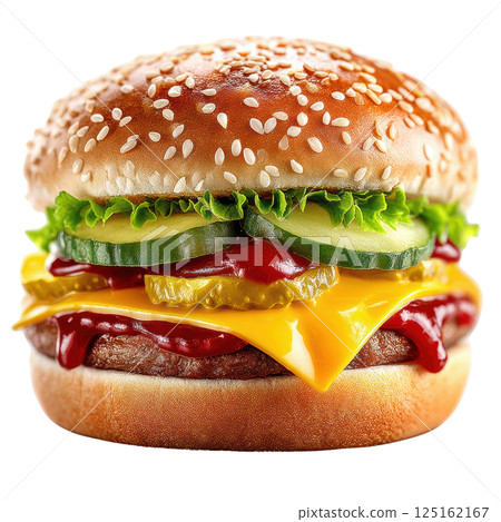 A delicious cheeseburger with fresh toppings on a sesame seed bun 125162167