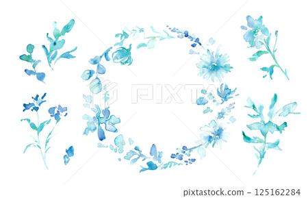 Watercolor painting. Vector illustration with watercolor touch. Blue flower gerbera illustration. Vector frame with plants and flowers. Watercolor painting. Vector illustration with watercolor touch. Blue flower gerbera illustration. Vector frame with plants and flowers. 125162284