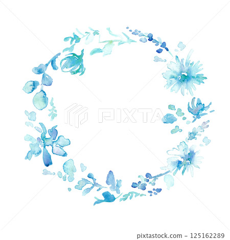 水彩畫。水彩矢量插圖。藍色花非洲菊插圖。帶有植物和花卉的向量框架。 125162289