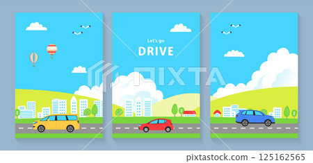Car, cityscape and balloon illustration template set 1 125162565