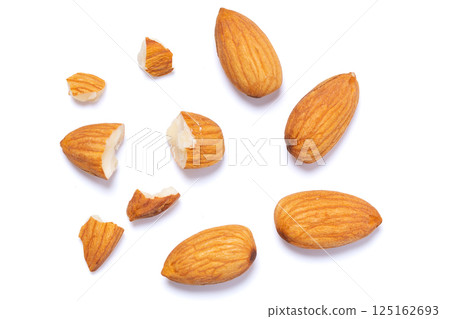 Top view Almonds isolated on a white background Top view Almonds isolated on a white background 125162693