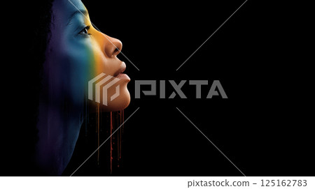 face melting into dripping rainbow paint on black background face melting into dripping rainbow paint on black background 125162783