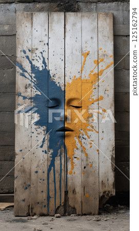 face with blue and yellow paint splashes on wooden planks 125162794