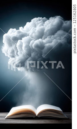 Cloud raining thoughts into open book, creating mystical atmosphere 125162805