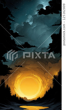 swirling storm cloud sky with glowing sun over forest 125162809