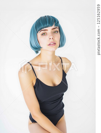 Young woman wearing a camisole with light blue hair 125162959