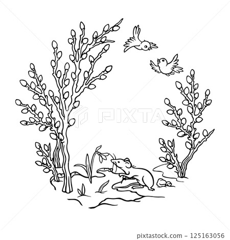 Round frame with spring landscape with space for text in the center. Border with flowering willow bushes, birds, mouse and snowdrop on thawed patch for postcard, cover and other seasonal design 125163056