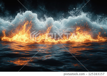 Dynamic Flames and Ocean Waves Create a Striking and Dramatic Contrast in a Stunning Scene 125163157