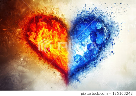 A Symbolic Heart Representing the Elements of Fire and Ice, Which Illustrates Passion and Calmness 125163242