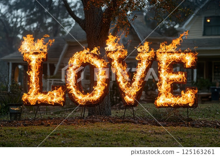 A Flaming Love Sign Brightly Illuminates a Beautiful and Romantic Evening Together 125163261