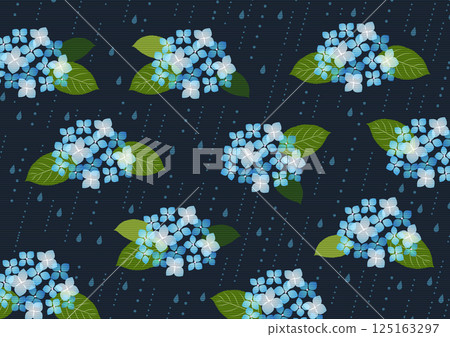 Hydrangea background, rainy season, rain, illustration, flower, cute, blue, horizontal 125163297