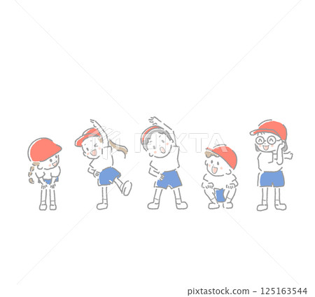 孩子們穿著運動服一起熱身的插圖 125163544