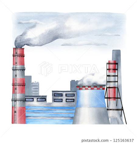 Industrial city factories, Smoke stack watercolor isolated on white. Environmental pollution concept with plant pipes and smoke on background for climate change designs, leaflets, articles, brochure 125163637