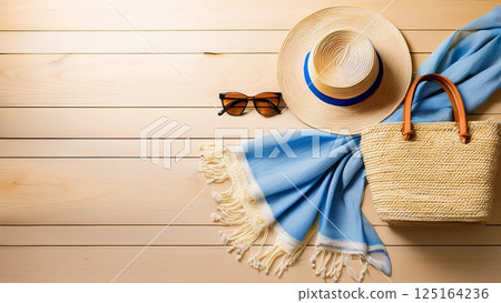Straw hat and sunglasses, linen stole, wood grain background 125164236