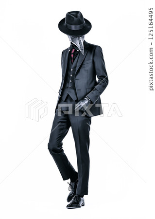 Plague doctor posing in a suit and plague mask 125164495