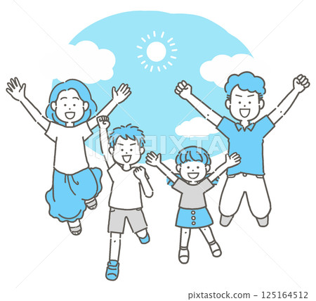 Illustration of a family of four jumping against a summer blue sky 125164512
