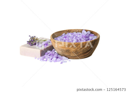 PNG, Sea salt in wooden bowl and soap, isolated on white background 125164573