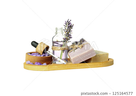 PNG, Cosmetic bottle, soap, lavender and sea salt, isolated on white background 125164577