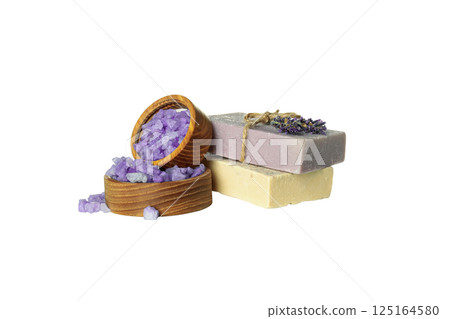 PNG, Soap and sea salt in wooden bowls, isolated on white background 125164580