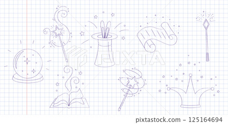 Magic wands and elements doodle set. Fairytale element in sketch style. Hand drawn vector illustration isolated on white background Magic wands and elements doodle set. Fairytale element in sketch style. Hand drawn vector illustration isolated on white background 125164694