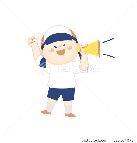 Cheering with a megaphone: Illustration of a girl in gym clothes, full body Cheering with a megaphone: Illustration of a girl in gym clothes, full body 125164872