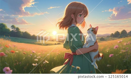 Cat and girl: Flower field at dusk Cat and girl: Flower field at dusk 125165014