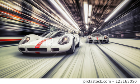 Supercar racing on a high-speed track showcasing sleek vehicles and dynamic motion 125165050