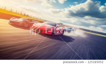 Supercars racing on a vibrant track with clouds in the background Supercars racing on a vibrant track with clouds in the background 125165052