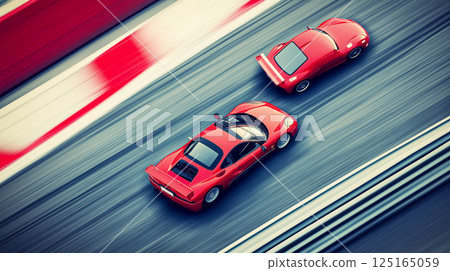 Top view of two supercars racing on a vibrant track during a thrilling competition event 125165059
