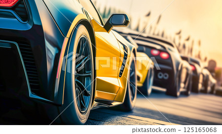 Supercars racing at sunset on a winding track with stunning visibility and high-speed excitement 125165068